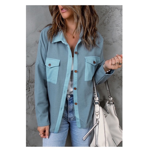 Trindy Clozet Boutique Tops - Sky Blue Waffle-Knit Shacket with Pockets